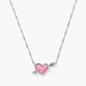 Kendra Scott Ari Heart Arrow Silver Short Pendant in Pink Opalescent Resin